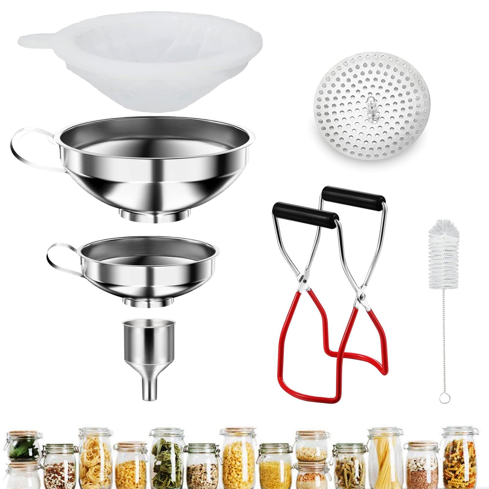 Küchenaccessoires Edelstahl Marmeladentrichter Set 7 Stück + Einmachglas Heber + Filter Funktion