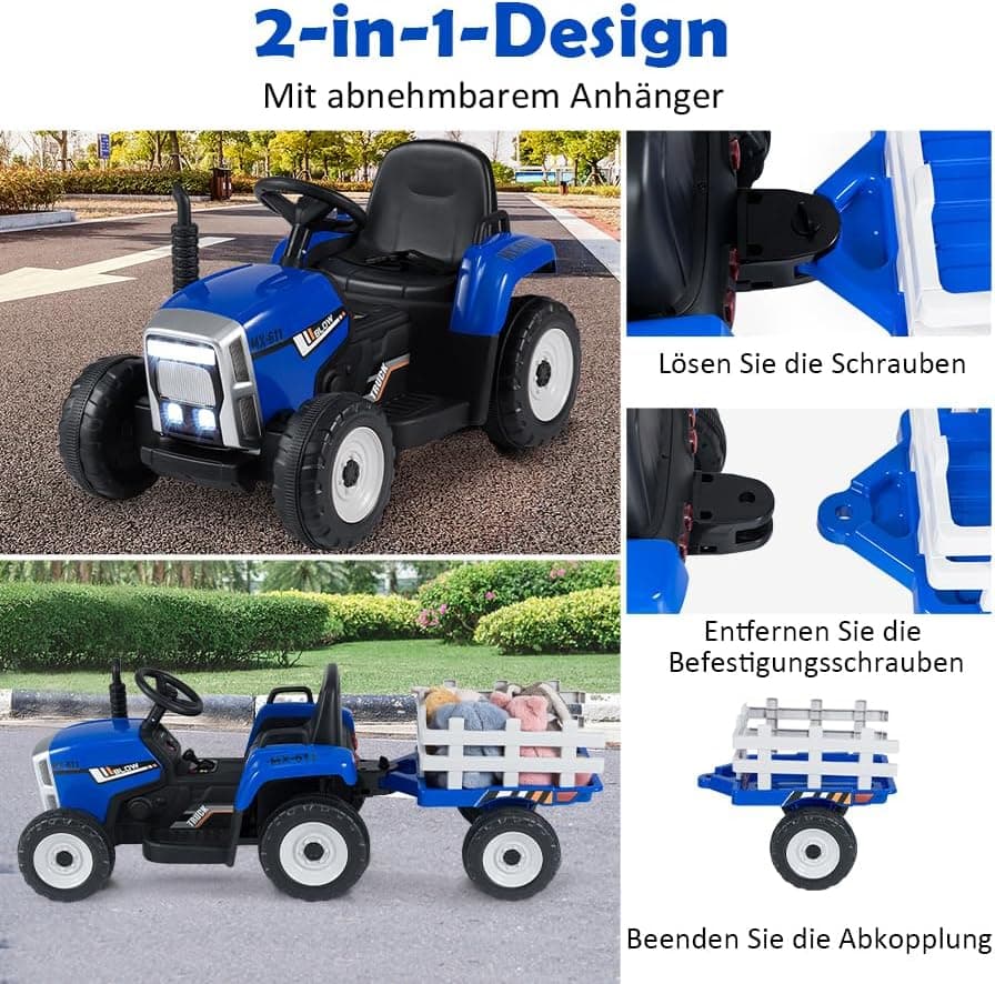 COSTWAY 12V 3-Gang Traktor mit LED Lichtern, Musik & Hupe für Kinder ab 3 Jahre - Grün