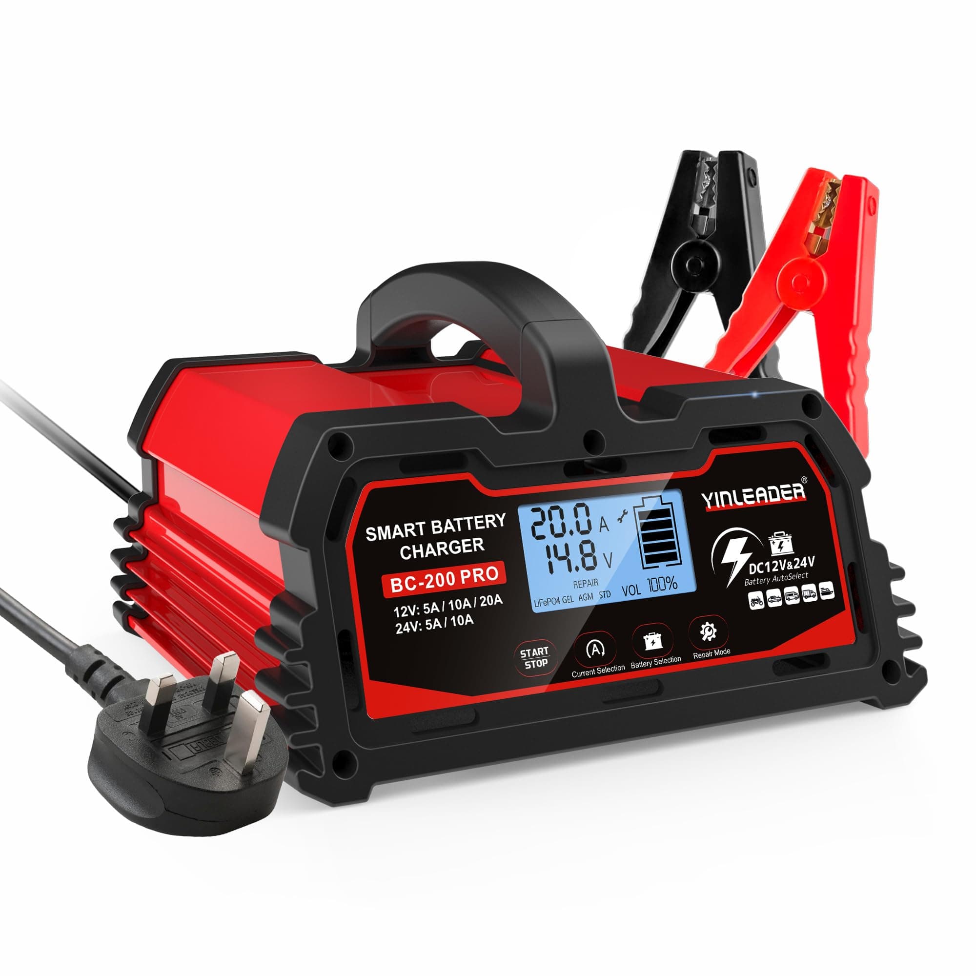 Yinleader intelligenter Autobatterieladegerät für Motorrad mit LCD-Display und Vollautomatisches Erhaltungsladung