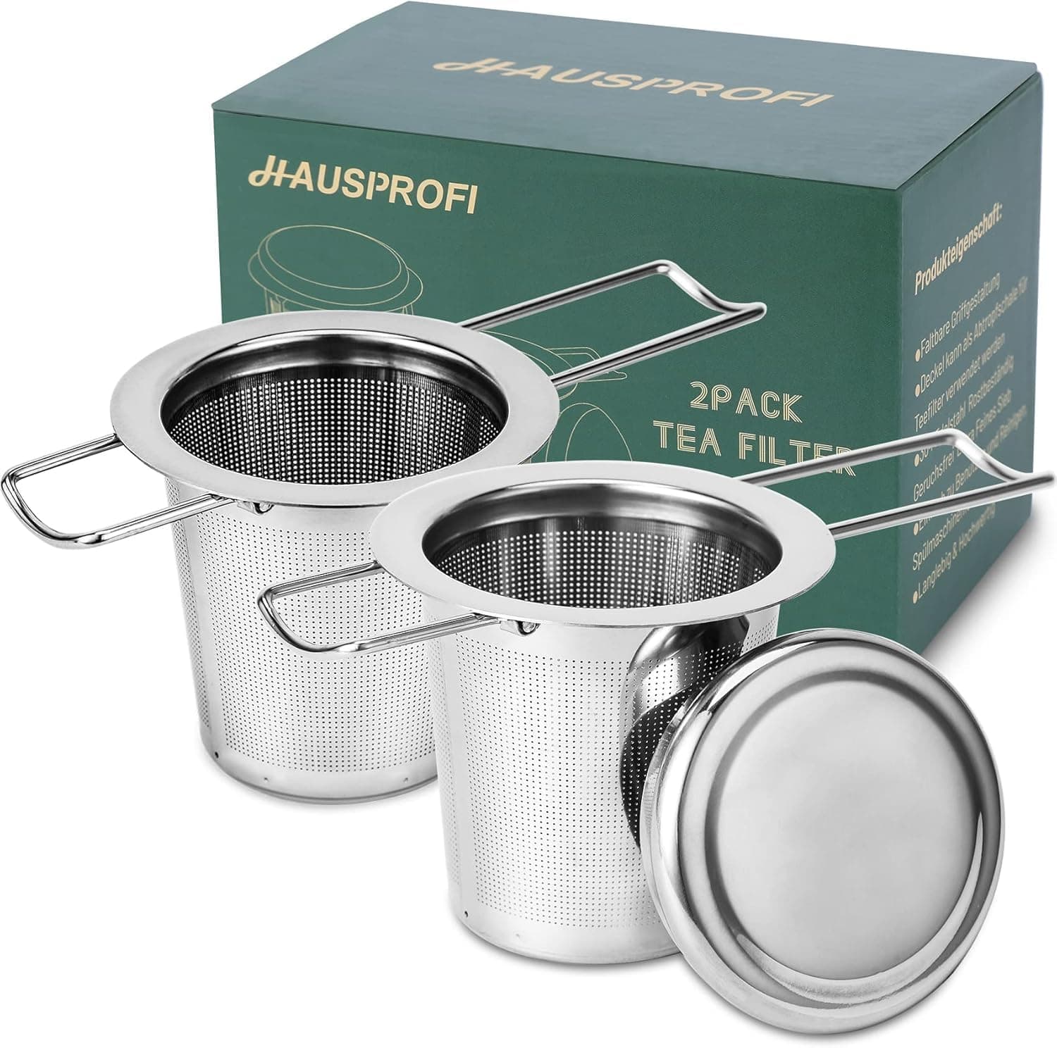 HAUSPROFI Tee-Ei 304 Edelstahl Teefilter 2 Stück für Teekannen, Tassen und Aufbrühen von Blättern mit Deckel und faltbar