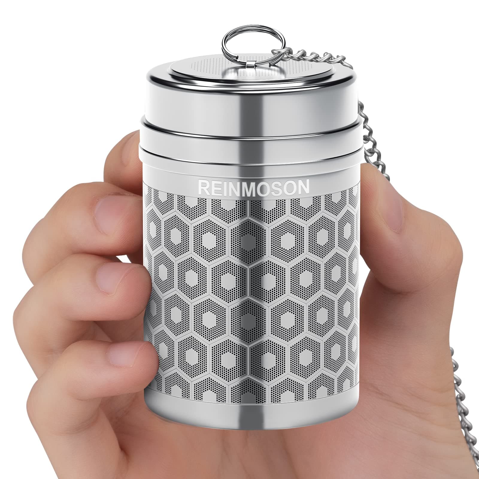 Reinmoson Edelstahl Teesieb für Losen Tee – 5 x 7,1 cm Gewürzei Teeei Groß mit extra feinem Netz – Schwarztee, Rooibos,