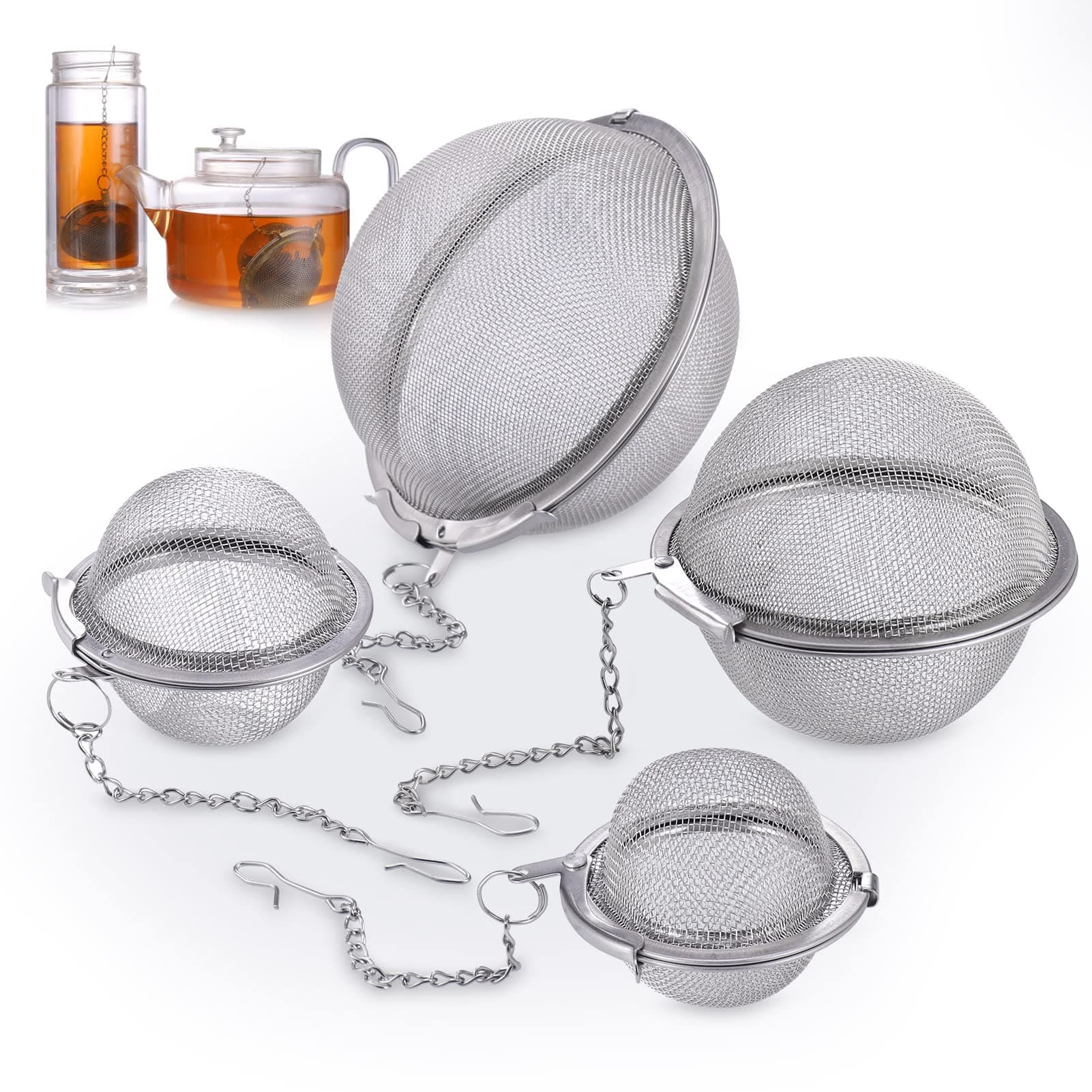 Teeei für Losen Tee, Edelstahl Sieb 4 Stück, für Gewürze und Tee (ø 4,5/5,5/7/9 cm)  
Edelstahl Teekugel mit Kette, Groß