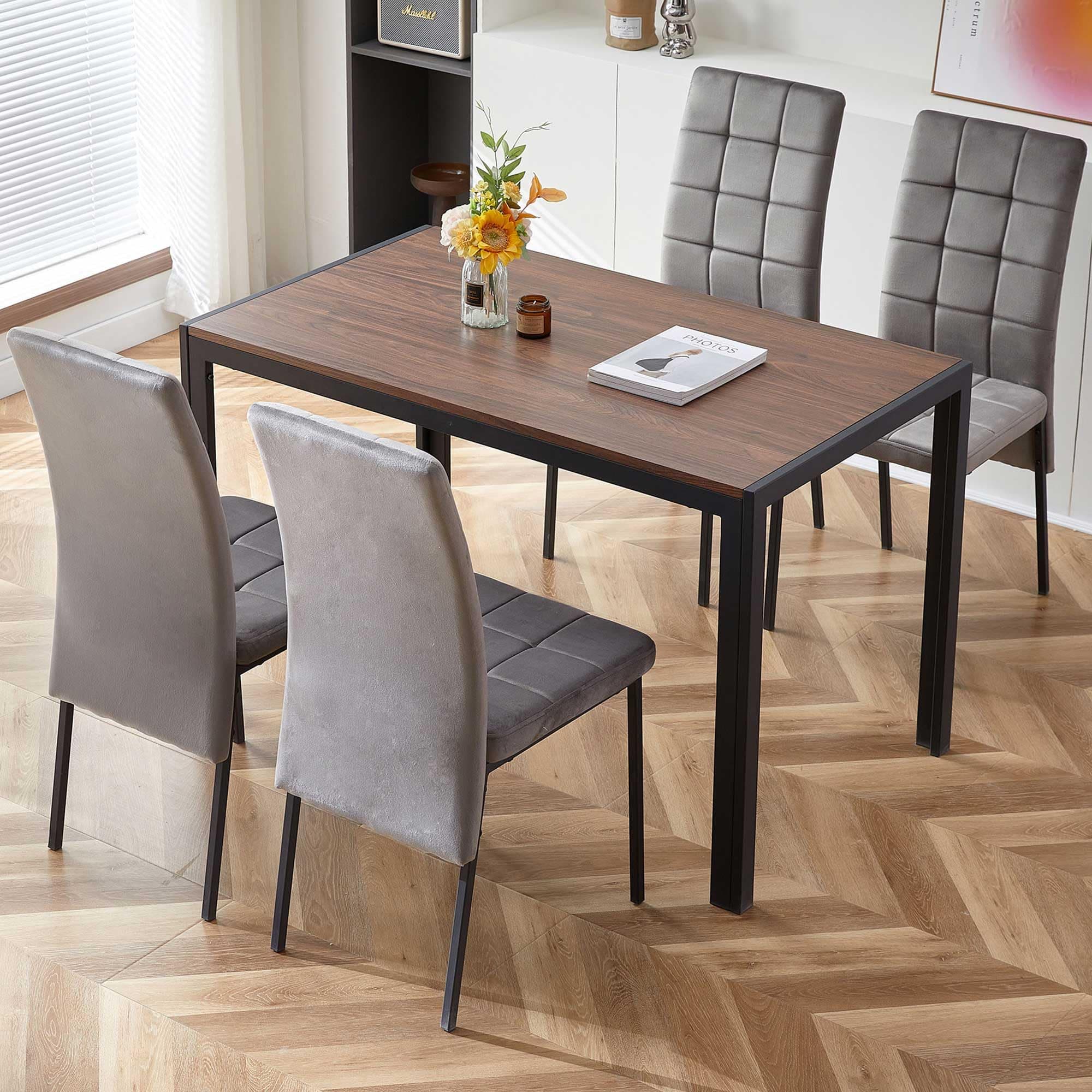 NORDICANA Grauer Esstisch Set 4er Stühle, Rechteckig MDF-Holztisch + Polsterstuhl Samtbezug, für Küche, Büro, Balkon, Re