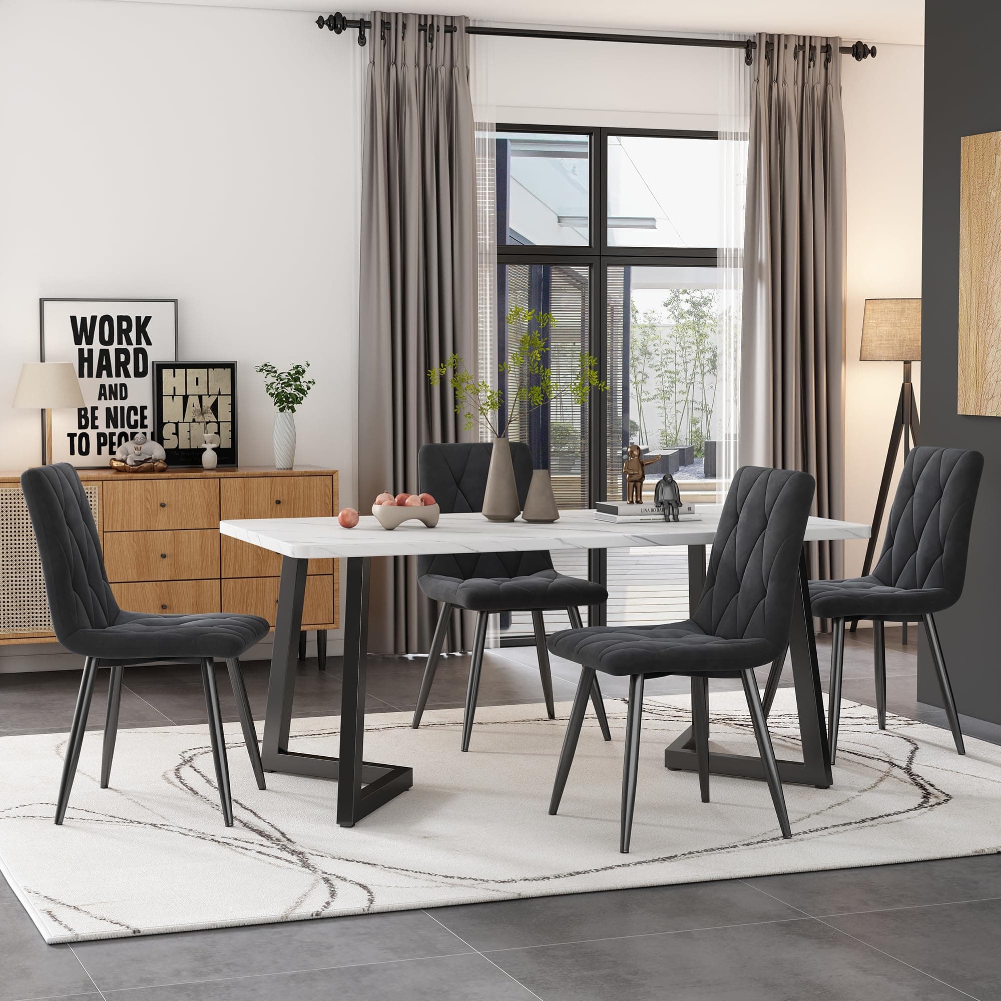 Essgruppe Esstisch mit 4 Stühlen Set für 4 Personen, Rechteckiger Esstisch 117x68x75 cm mit Schwarz Metallbeinen, Grau S