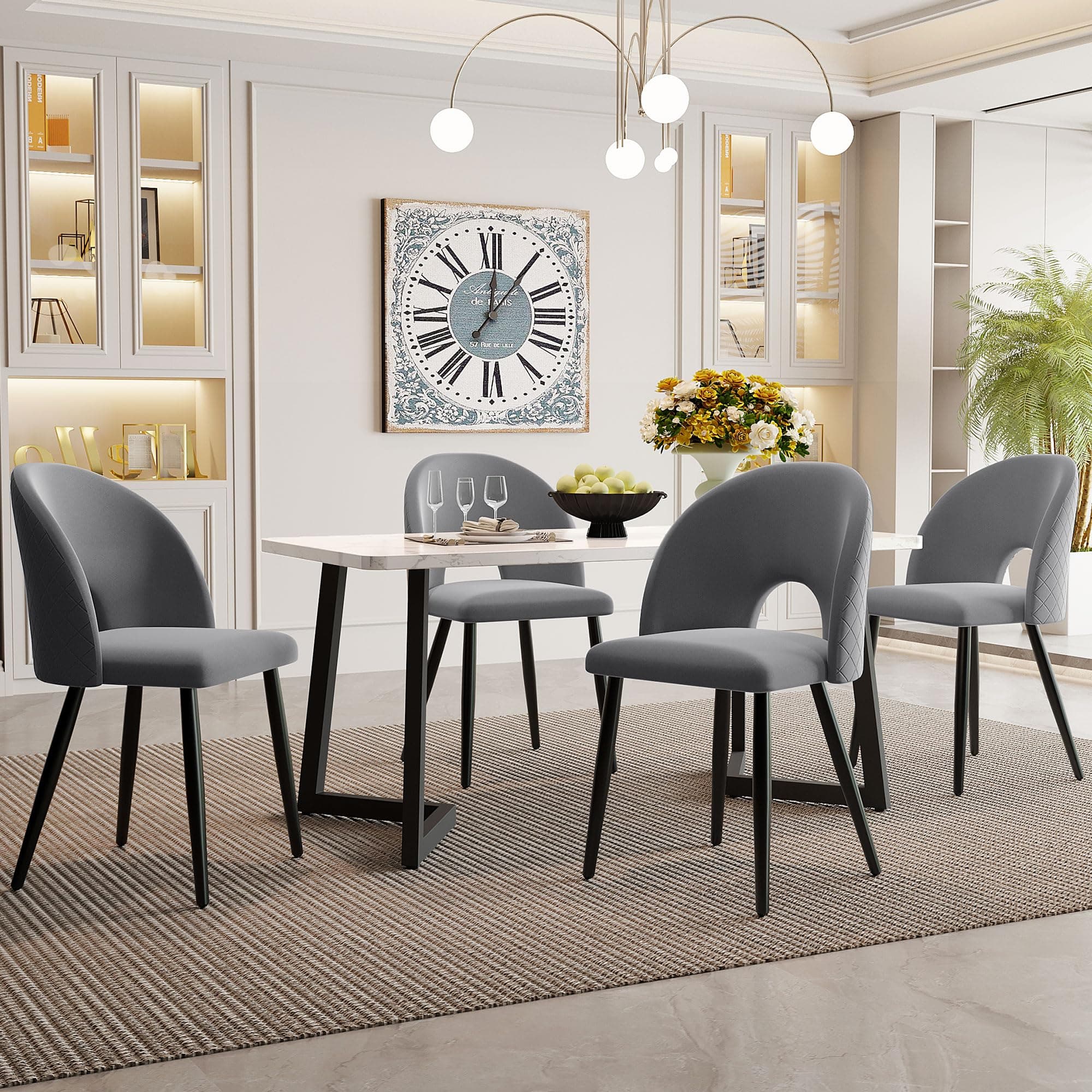HAUSPROFI Esszimmertisch mit 4 Stühlen (Grau+Schwarz) - 68x117x75cm - Samt-Sitzpolster - Modern Möbelset für Hausprofi-E