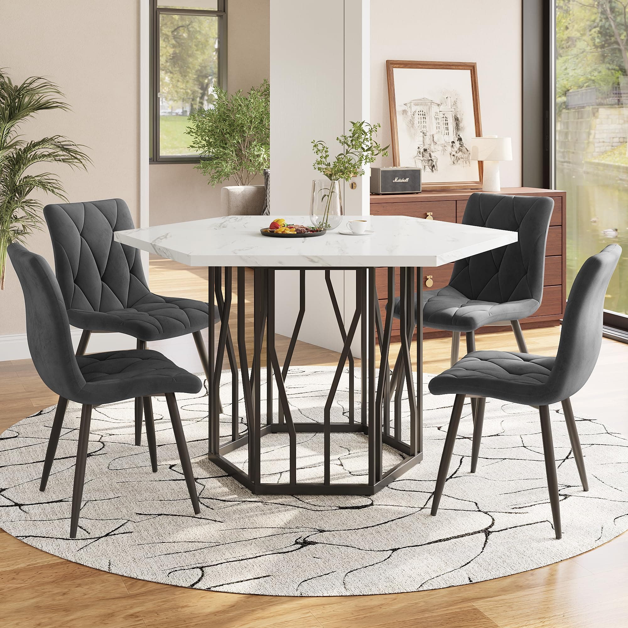 HAUSPROFI Küchen Esstisch Set für Küche Esszimmer Wohnzimmer - 5-teiliges Sechseckiges Esstisch Set mit 4 Stühlen (Grau