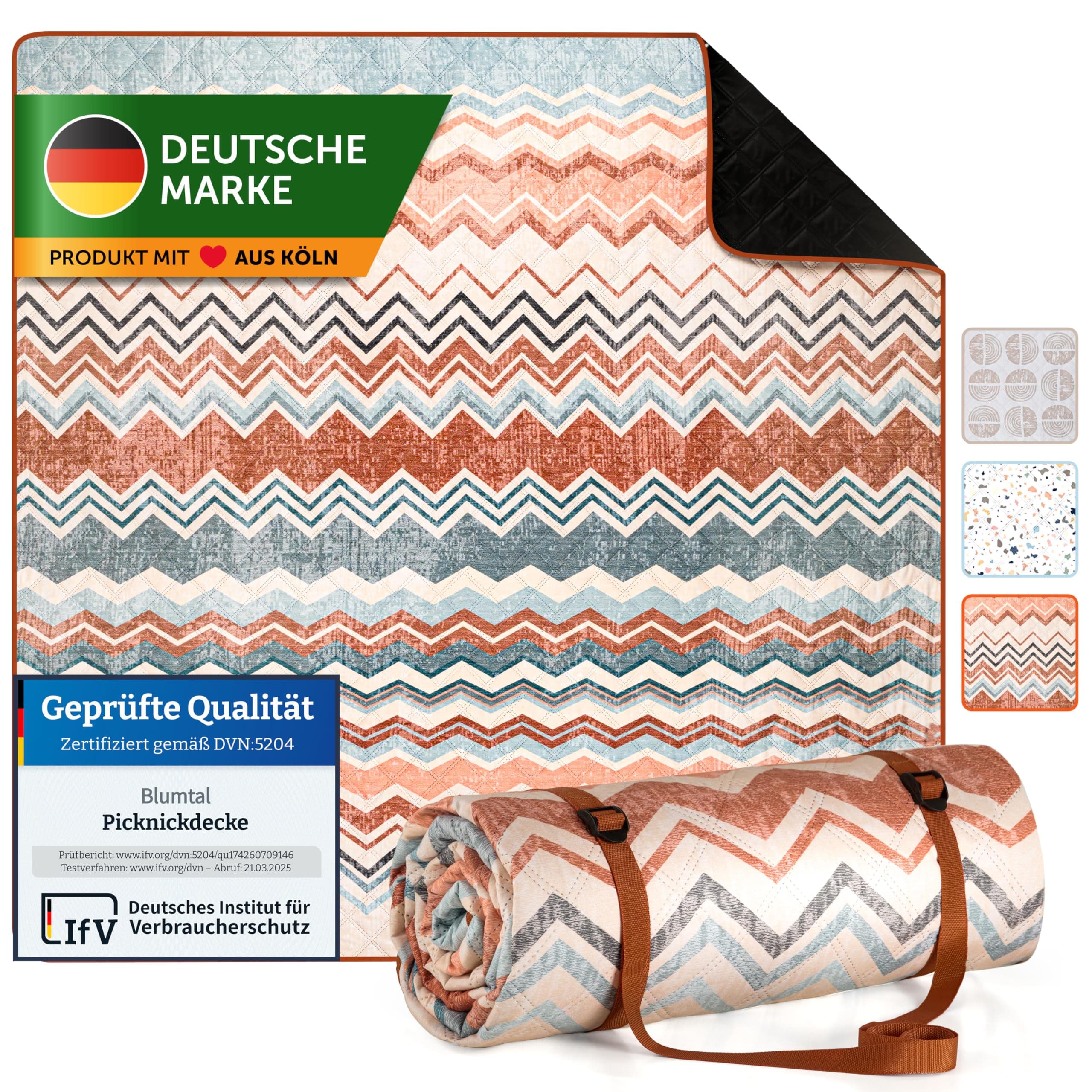 BlumtalPremium Picknickdecke wasserabweisend 200x200 cm - Outdoor-Decke Boho & Terrazzo Design - waschbar + weiche Zwisc