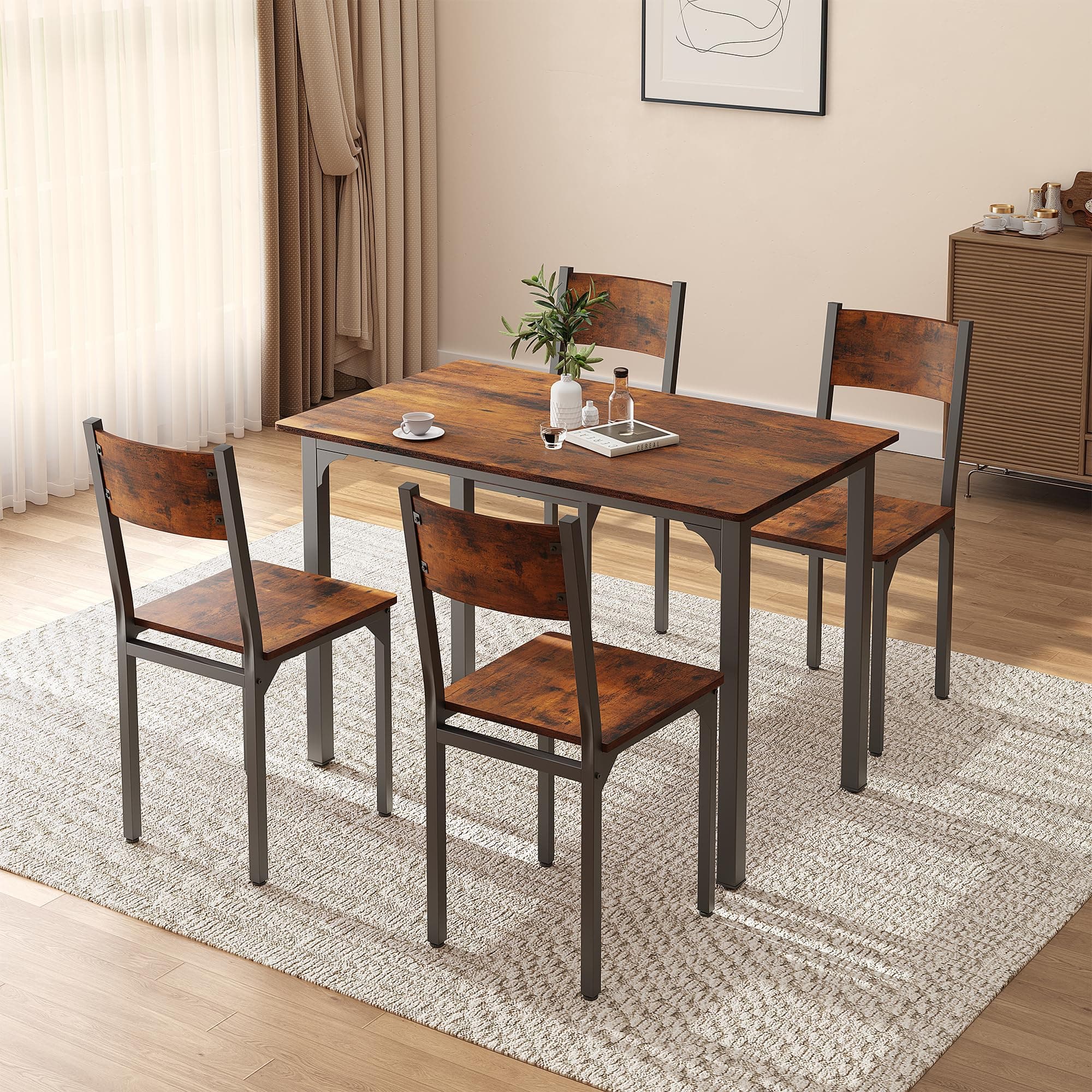 OC Orange-Casual Industrial-Look Esszimmertisch Set für 4 Personen mit 4 Stühlen, Vintagebraun, 2 Packet