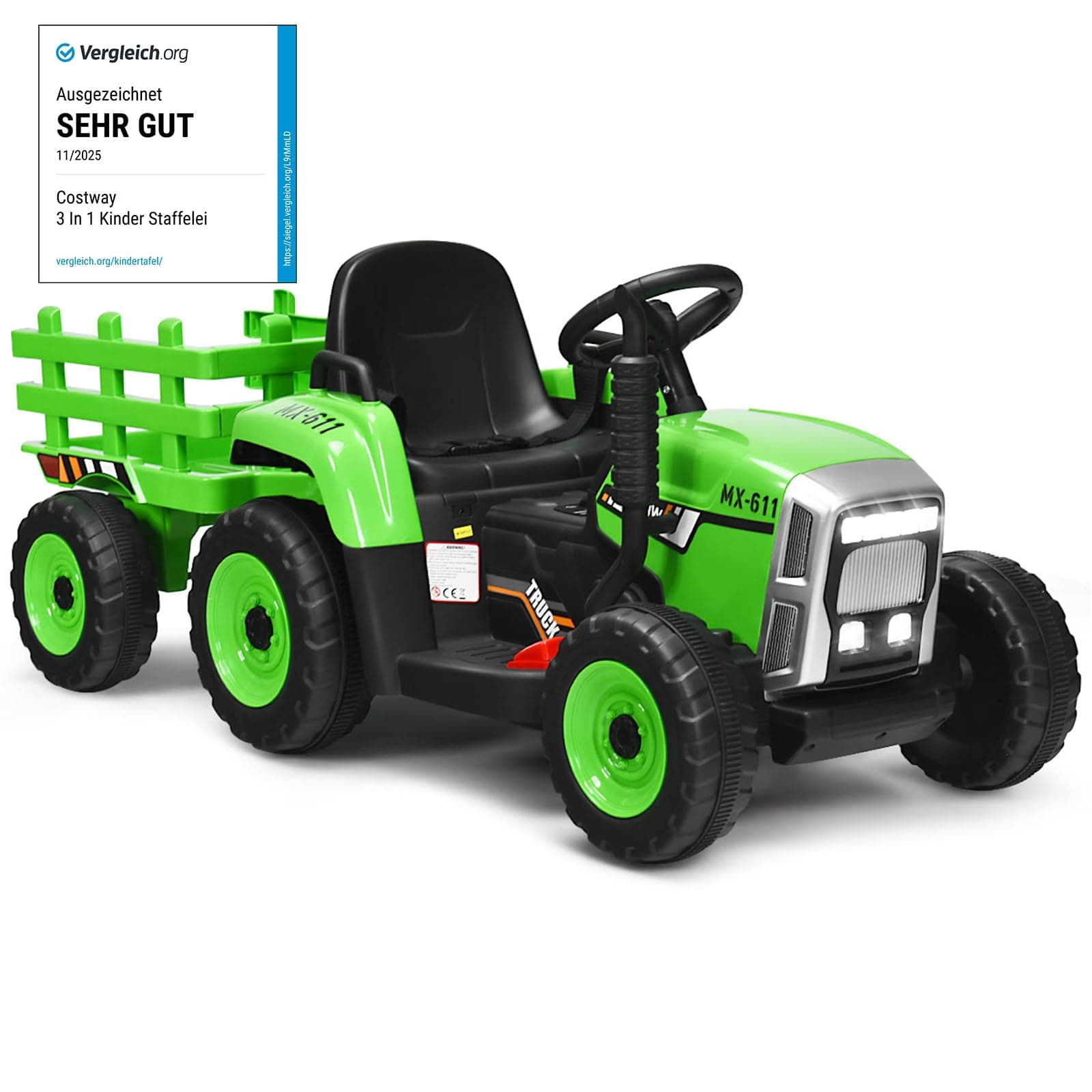 COSTWAY 12V 3-Gang Traktor mit LED Lichtern, Musik & Hupe für Kinder ab 3 Jahre - Grün