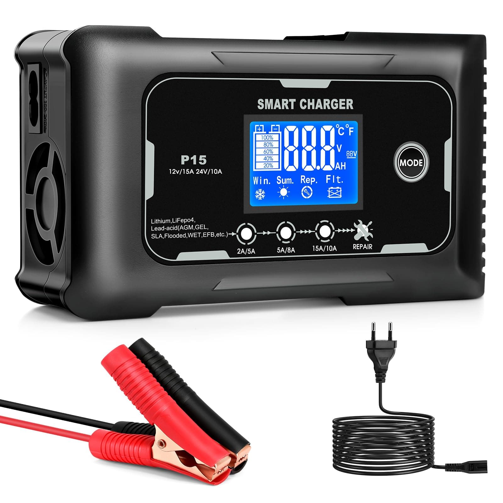 Autobatterie Ladegerät 12V/15A 24V/10A KFZ Ladegerät Lithium Batteriewartung Geeignet für Autos, Motorräder, Rasenmäher