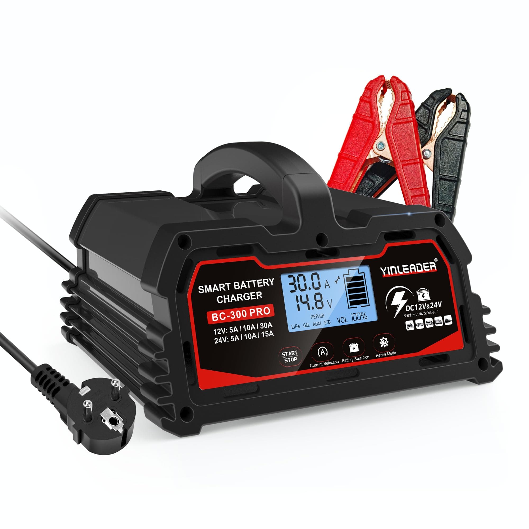 Yinleader Autobatterie Ladegerät Schwarz - Intelligente Erhaltung für 12V/24V LiFePO4 Batterien mit LCD