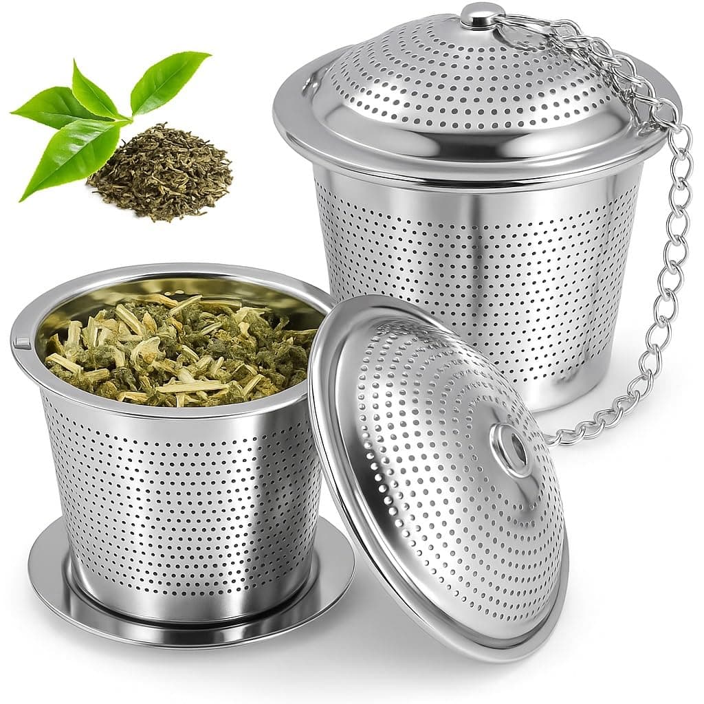 Teesieb 2er Set Edelstahl – Loser Tee & Kräuter – Abtropfschale & Kette – Wiederverwertbar, spülmaschinenfest, BPA-frei