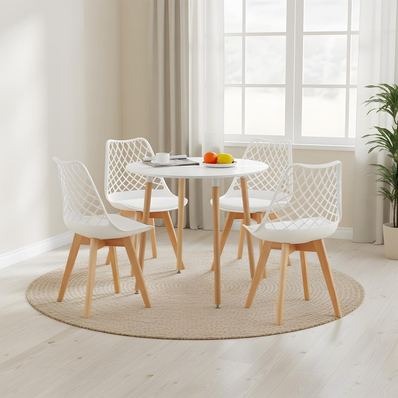**White Round Dining Table with 4 White Dining Chairs 4 Piece Set for Dining Room, Kitchen, Living Room**
| **White Din